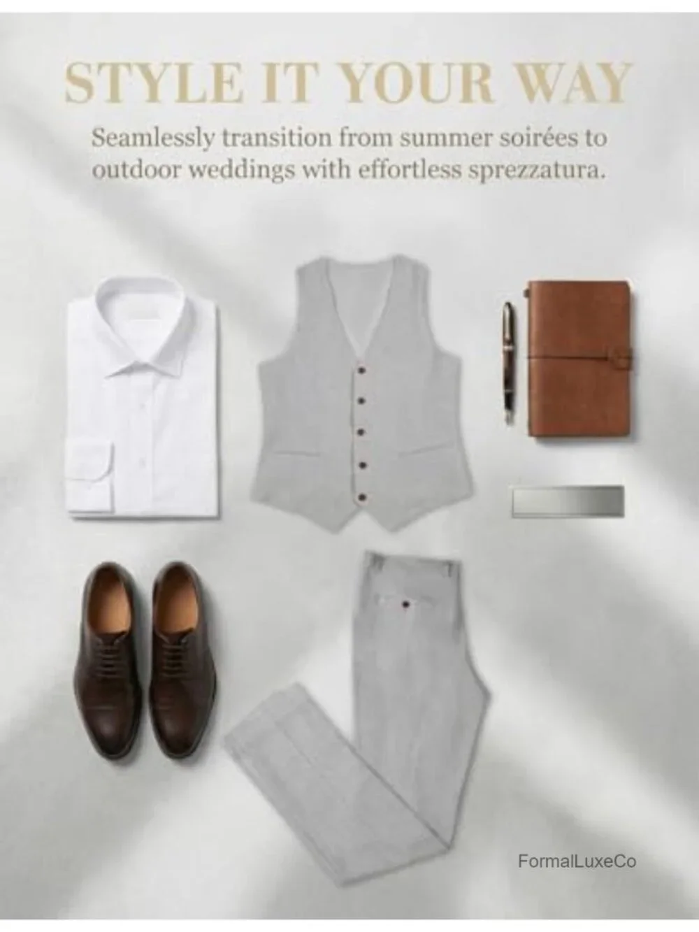 Mens Linen Suit Set - 2 Piece Vest and Pants Wedding Outfit